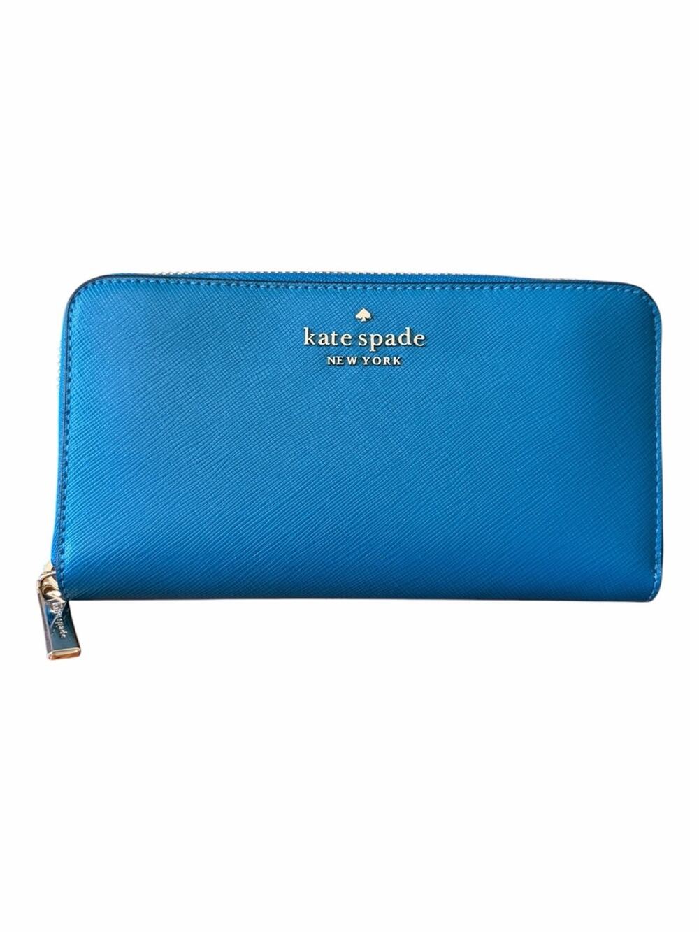 Kate Spade Large Zip Around Wallet Beautiful Dark Peacock Blue Saffiano Leather